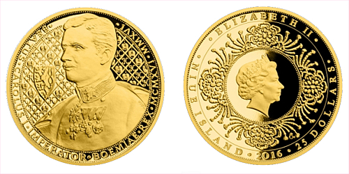 Zlatá půluncová mince 25 NZD Karel I.